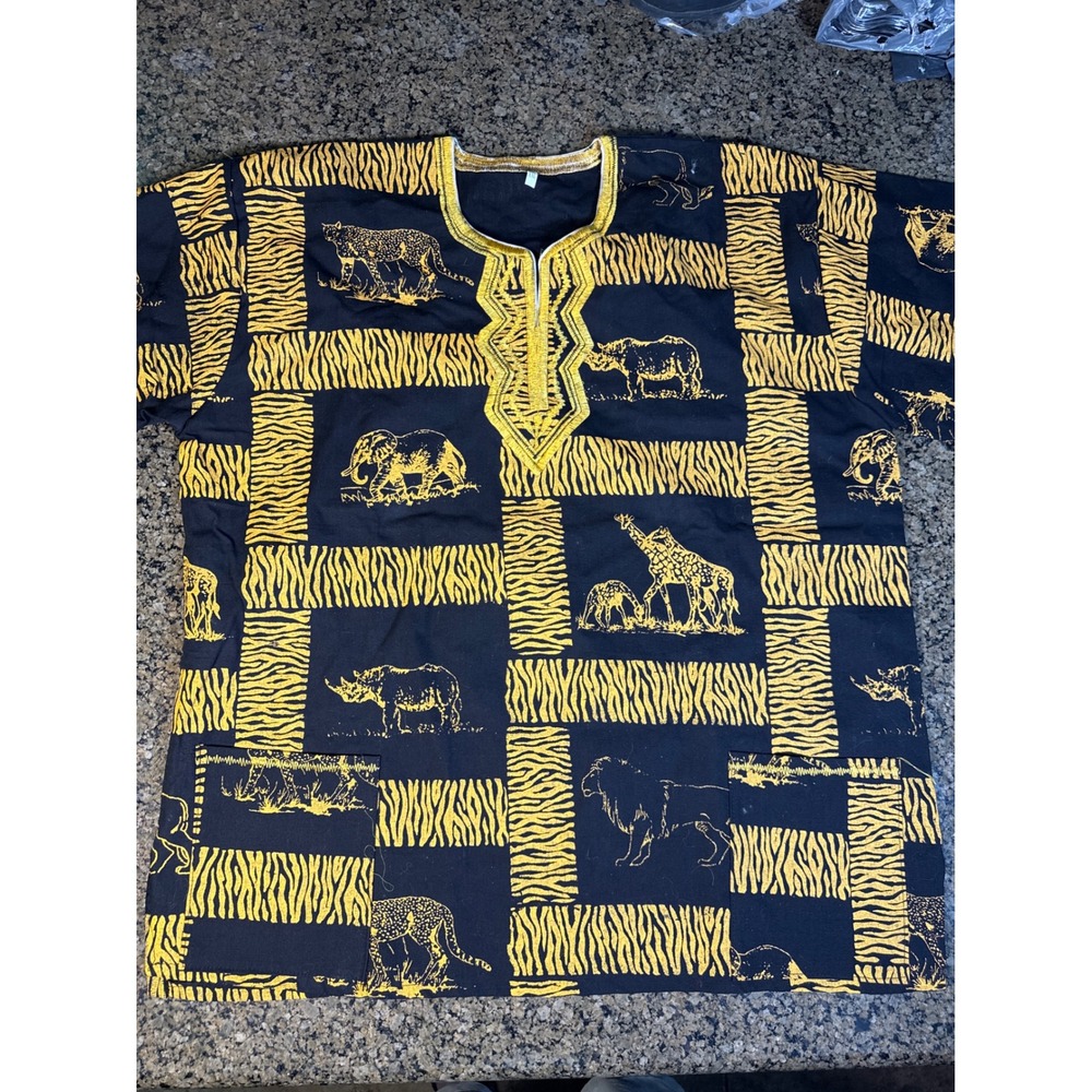 Vintage African Dashiki Shirt Black Gold Safari Animal Print Tunic Kaftan XL